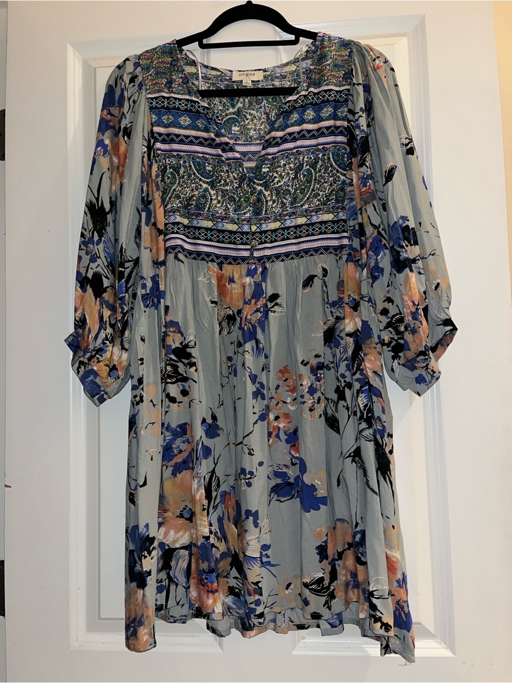 Umgee Light Gray Floral Boho Dress with Blue and Peach Accents
